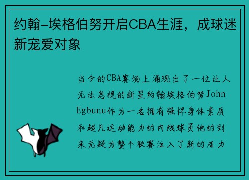 约翰-埃格伯努开启CBA生涯,成球迷新宠爱对象